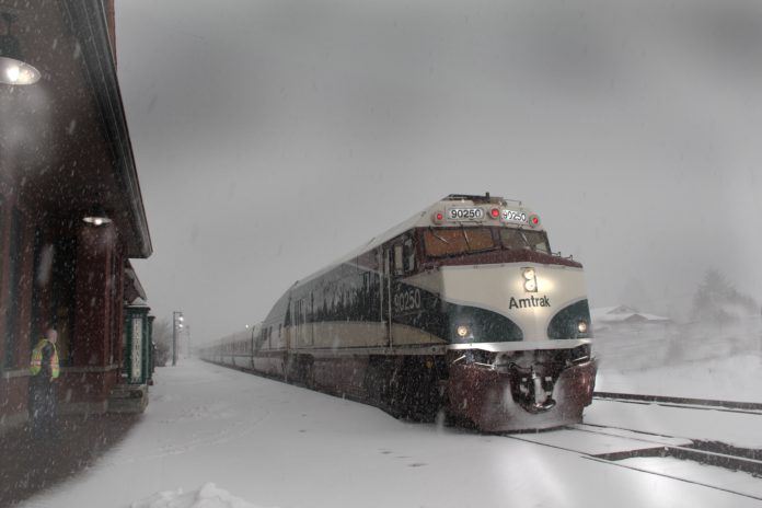 An Amtrak train at a station