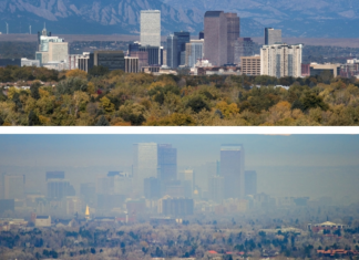 General Assembly Sends Greenhouse Gas Bill to Polis Clear Denver skyline compared to a greenhouse gas emission clouded one