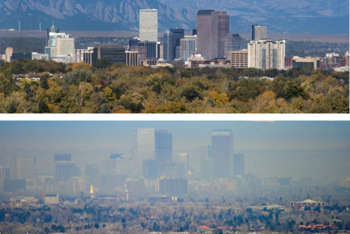 image Clear Denver skyline compared to a greenhouse gas emission clouded one