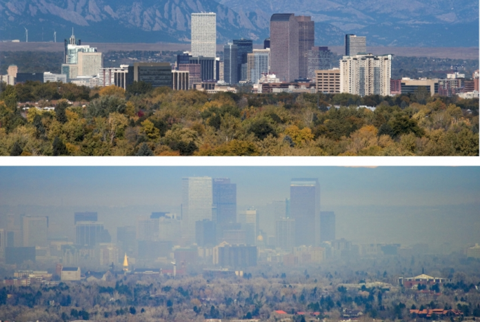 Clear Denver skyline compared to a greenhouse gas emission clouded one