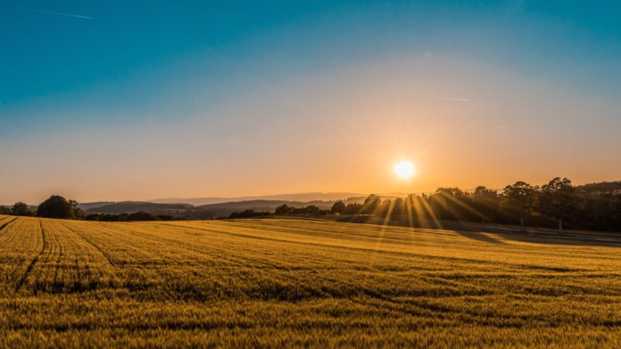 The sun sets over sprawling farmlands.