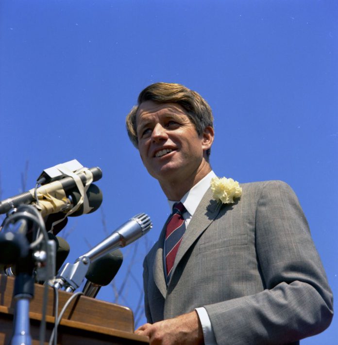 RFK giving a speech in 1968