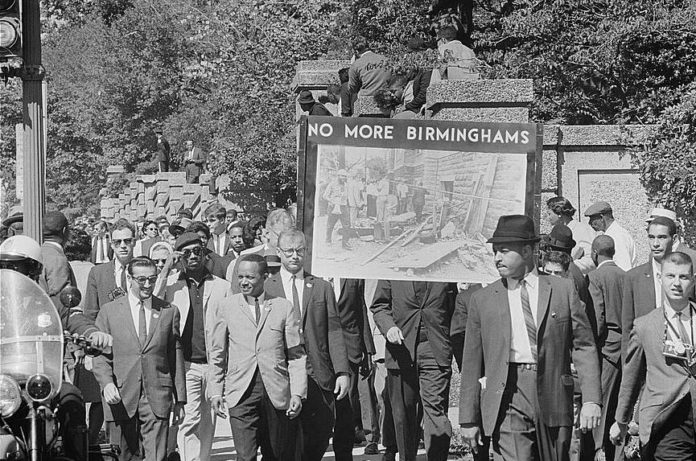 CORE demonstrators gather to protest racist attacks in Birmingham, Alabama.