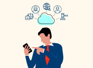 The Kids are on TikTok An illustration shows a man in a suit looking at his phone, above him in a cloud are the communities he's interacting with online represented by line-art icons.