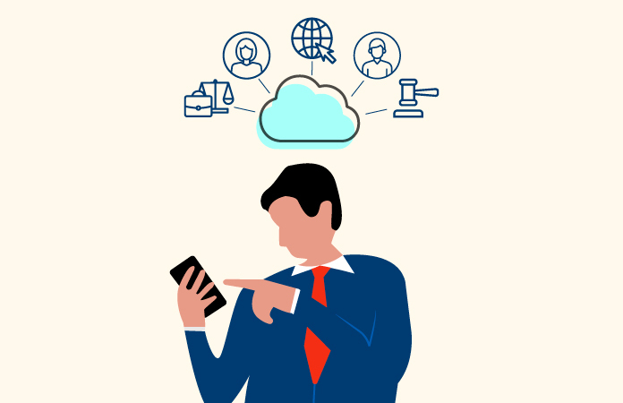 An illustration shows a man in a suit looking at his phone, above him in a cloud are the communities he's interacting with online represented by line-art icons.