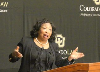 CU’s John Paul Stevens Lecture Returns With Judge Bernice Donald From the 6th Circuit Court of Appeals Judge Bernice Donald of the 6th Circuit Court of Appeals speaks with arms outstretched at a podium at the 2021 John Paul Stevens Lecture at CU Law School.