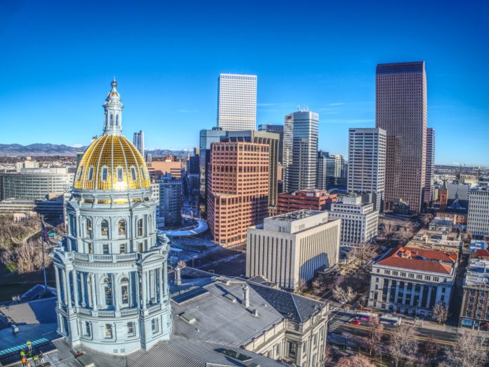 Colorado state capitol and skyscrapers in Denver