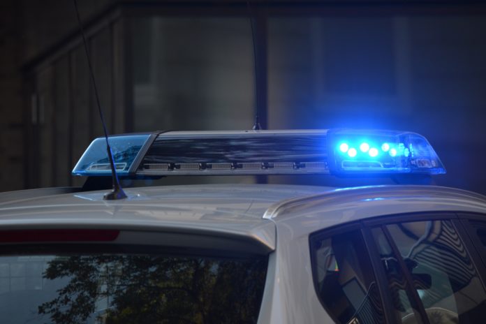 A parked police car flashes emergency lights in the dark.