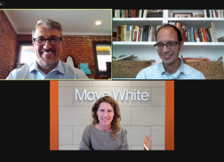 Colorado Firms on New Tech Use in the Pandemic A video conference screen shows Chad Ergun from Davis Graham & Stubbs on the top left, Jason Adaska from Holland & Hart on the top right and Stephanie Loughner from Moye White on the bottom of the screen.