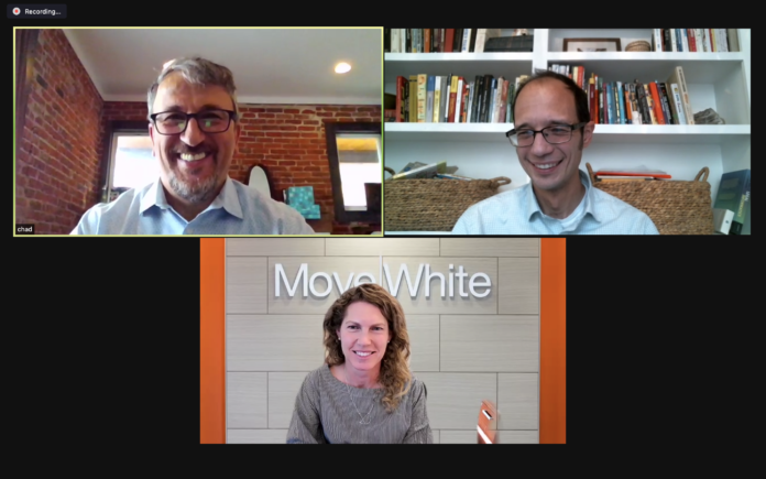 A video conference screen shows Chad Ergun from Davis Graham & Stubbs on the top left, Jason Adaska from Holland & Hart on the top right and Stephanie Loughner from Moye White on the bottom of the screen.