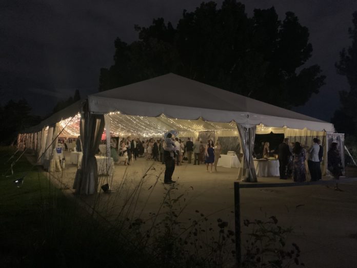 A white tent lit up at night by string lights in a garden. The silhouettes of people in dresses and suits are inside.
