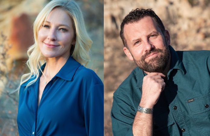 Two images spliced together. On the left a woman with blonde hair and blue eyes and wearing a blue blouse smiles softly in front of mountain terrain. On the right, a man with dark hair, blue eyes and a beard smiles with a hand on his chin in front of mountain terrain.