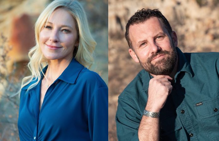 Two images spliced together. On the left a woman with blonde hair and blue eyes and wearing a blue blouse smiles softly in front of mountain terrain. On the right, a man with dark hair, blue eyes and a beard smiles with a hand on his chin in front of mountain terrain. 