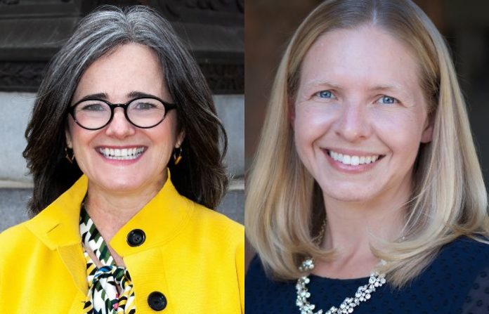 A spliced image of two headshots. On the left, a woman wearing a yellow coat, round black glasses with dark, slightly graying hair smiles in front of a pillar. On the right, a woman in a blue blouse and necklace with shoulder length blonde hair and blue eyes smiles.