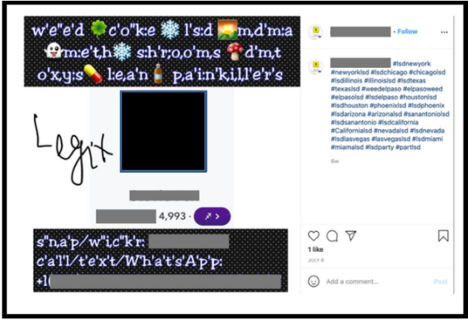 a QR code that’s been blocked out appears to be advertising various illicit drugs in a Facebook post, directing people to Snapchat and WhatsApp.