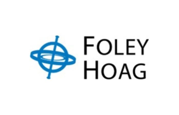 Foley Hoag logo. A blue icon resembling a minimalist globe next to large black words that read Foley Hoag.