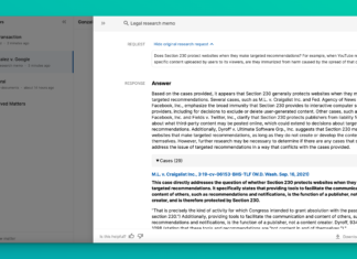 AI Continues Work Helping Law Firms A screenshot of a complicated legal question brought forward on the program CoCounsel concerning whether websites are protected under Section 230 of the Communications Decency Act.