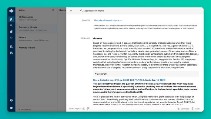 A screenshot of a complicated legal question brought forward on the program CoCounsel concerning whether websites are protected under Section 230 of the Communications Decency Act.