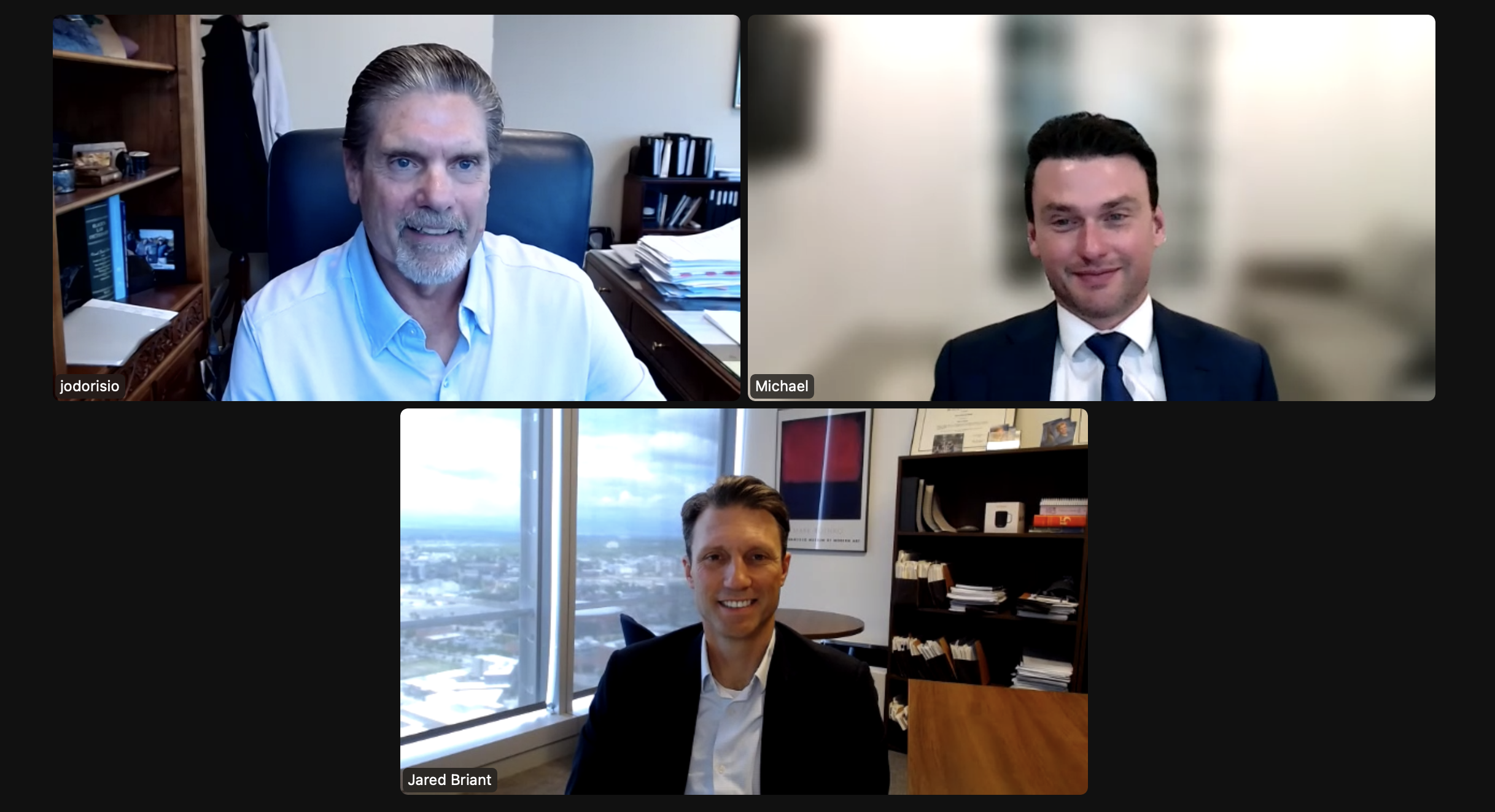 A screenshot of roundtable participants. Top left is John O’Dorisio, top right is Michael Barry and below is Jared Briant. 