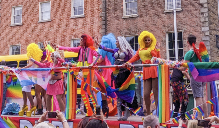 Drag Entertainers Drag entertainers on a float
