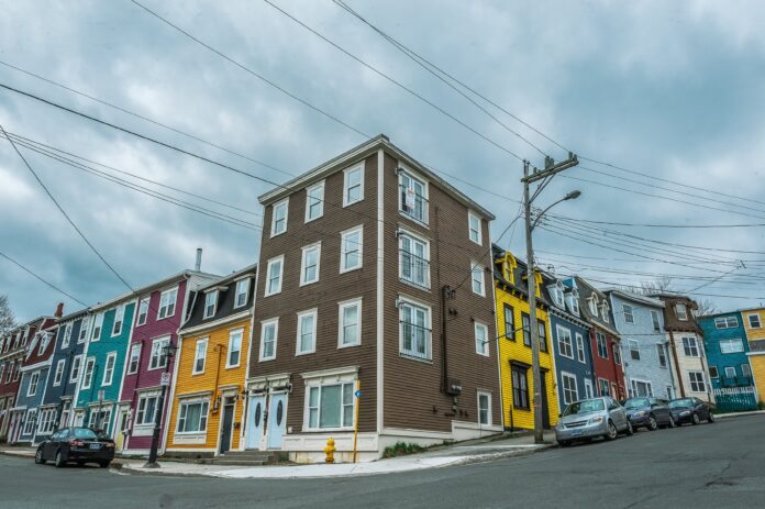 Multi-colored high-rise buildings.