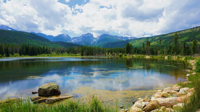 Rocky Mountain National park, a lake with mountains behind it