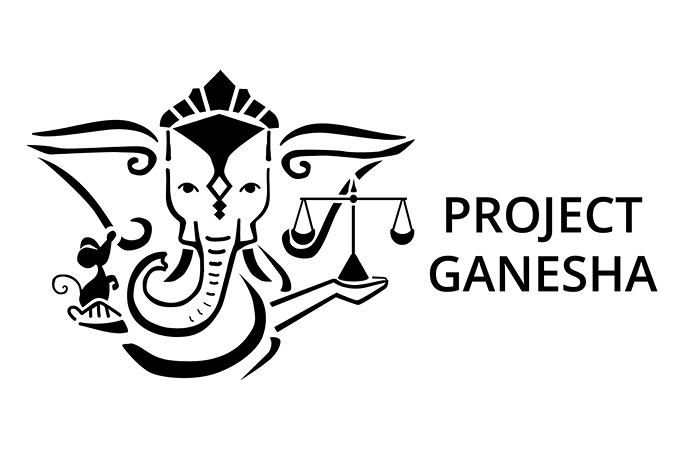The logo of Project Ganesha, an image of the elephant headed Hindu god Ganesha, holding the scales of justice.