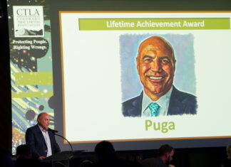 CTLA Recognizes Jim Puga for Lifetime Achievement, Farrell v. Castle Rock Senior Living wins Case of the Year Jim Puga gives a speech to the crowd after receiving the Kenneth Norman Kripke Lifetime Achievement Award.