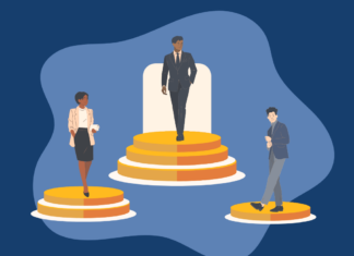 Are ‘Flat Firms’ a Promising Structure for Colorado Law Firms? Three people in suits are on podiums at varying heights with a blue background