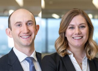 Shaye Maetzold Anderson and Max John Join Holland & Hart as Associates Max John on the left smiles in a headshot photo wearing a navy suit jacket and blue tie. Shaye Maetzold Anderson on the right smiles in a headshot photo wearing a navy suit jacket.