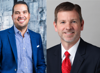 Fennemore Announces New Fully Remote Work Platform Headshots Fennemore CEO James Goodnow on the left in a blue suit jacket with a piece of modern art behind him and Fennemore Forward managing director Chris Wilson in a navy suit jacket with a red tie on the right.