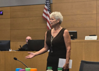 Denver County Court Launches New Competency Support Docket Judge Kelly Cherry stands in front of the bench in the Denver County Courtroom, with another judge seated behind her.