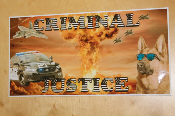 IMG_1400 On a sign, an eagle and a dog sit side-by-side in a police car with sunglasses on. A fiery explosion dominates the background and fighter jets dot the sky. The dog in the car wearing sunglasses is also in the foreground, looking straight ahead. The sign says “criminal justice”