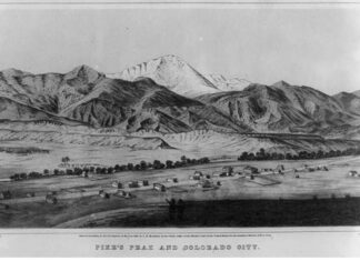 Mining Districts, One of the First Outcroppings of Law and Local Government in Colorado A lithographic rendering of Colorado City in the 1860s. Some homesteads can be seen, along with the foothills and Pike’s Peak in the background.