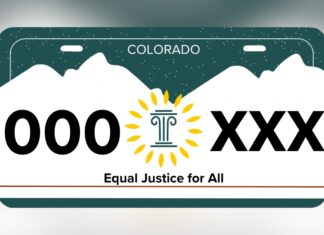 Colorado Legal Aid Organizations Launch Drive for Equal Justice License Plate An image of a Colorado license plate with Equal Justice for All in text on the bottom and a column surrounded by flames in the middle.