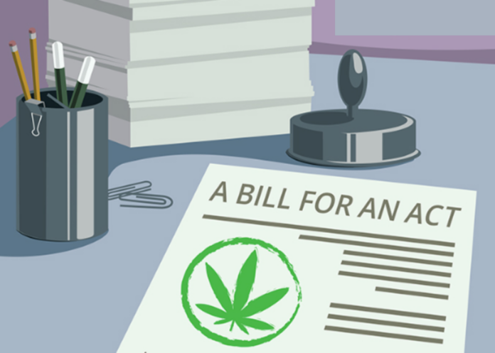 Resize image template - Editorial a paper on a desk says "a bill for an act" and has a marijuana leaf stamped in green.