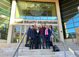 University of Denver Sturm College of Law’s Animal Activist Legal Defense Project Helps Get Special Prosecutor Appointed in Suspected Animal Cruelty Case University of Denver Sturm College of Law’s Animal Activist Legal Defense Project team in front of the Dane County Courthouse