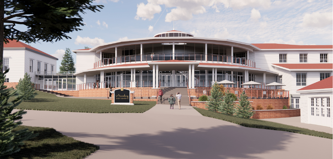 A rendering of the new Stanley Event Space shows a rounded entrance with large windows. The building is white with a red roof to match the pre-existing and historical structures.